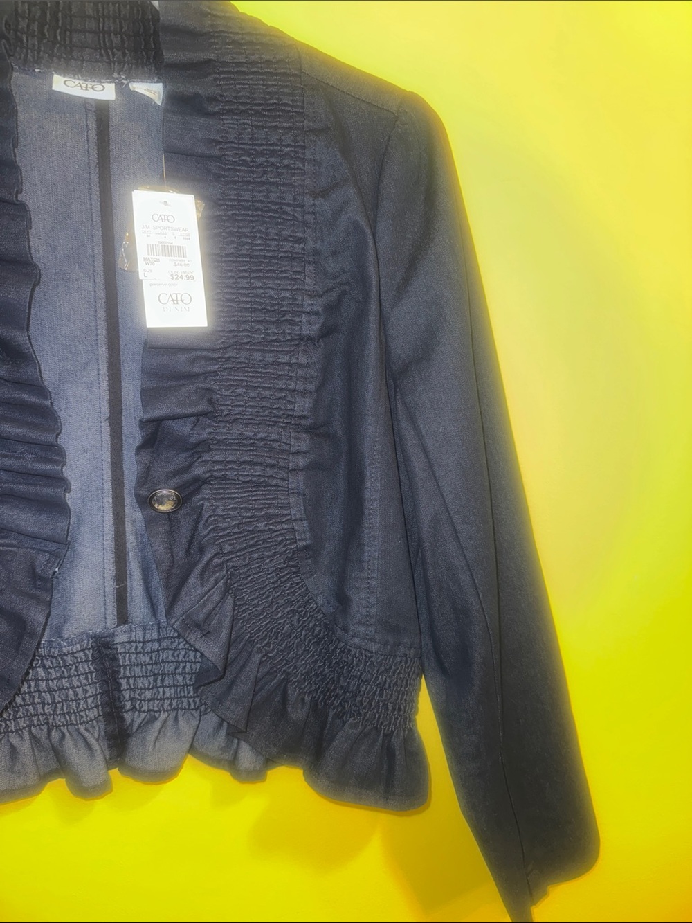 Women’s Denim Ruffled Cropped Jacket - Elegant Evening Coat - Picture 11 of 14